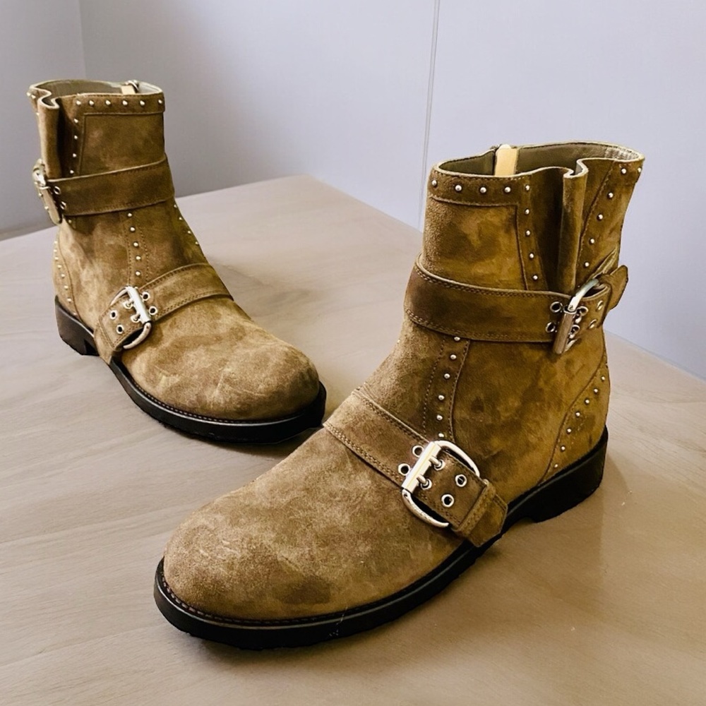 NWOT Authentic JIMMY CHOO Blyss Flat Studded Mink Suede Booties